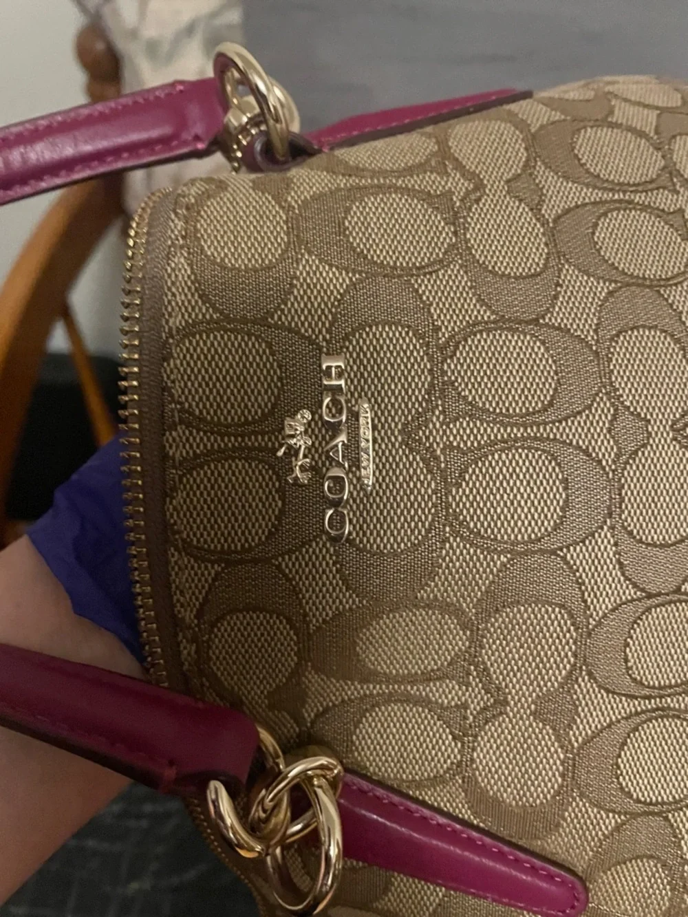 Coach Brown Signature Canvas Shoulder Bag with Raspberry Trim - Picture 17 of 17